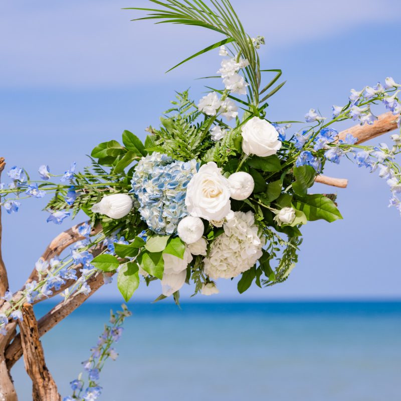 green, white and blue flowers on the arch