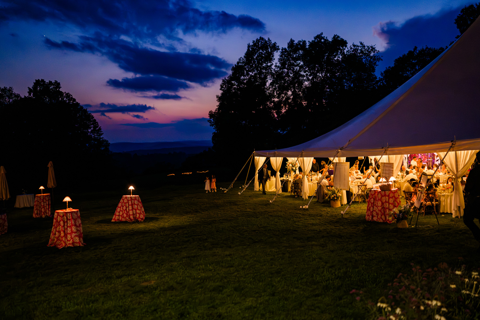 night view of the reception tent all lite up