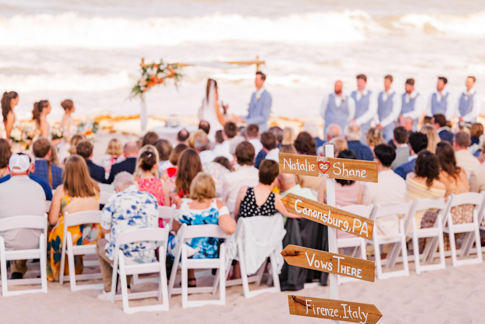 Wide view of wedding guests at a beach wedding